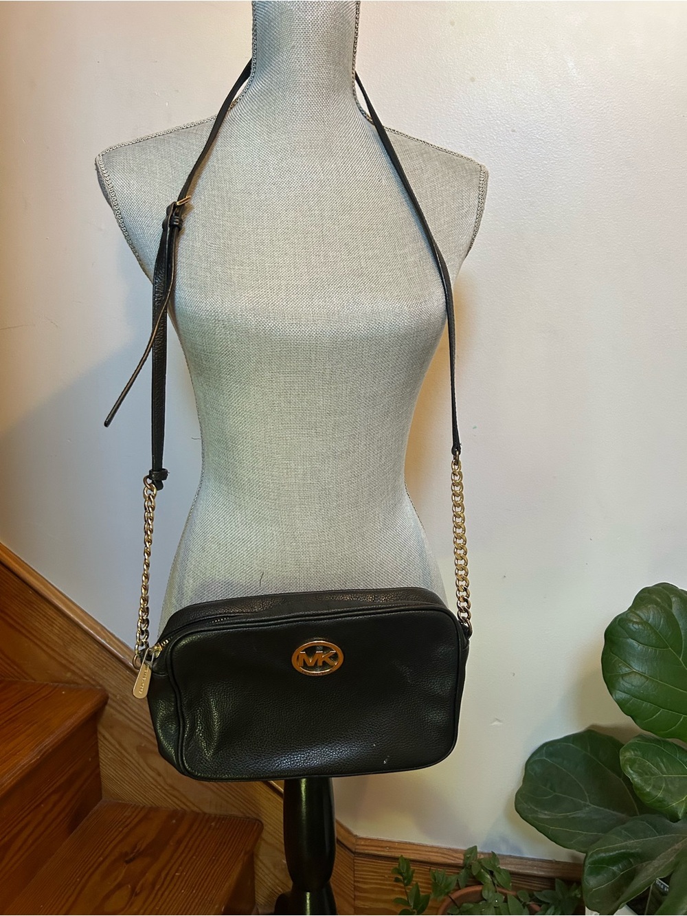 Michael Kors Black Pebbled Leather Crossbody with Gold Chain
